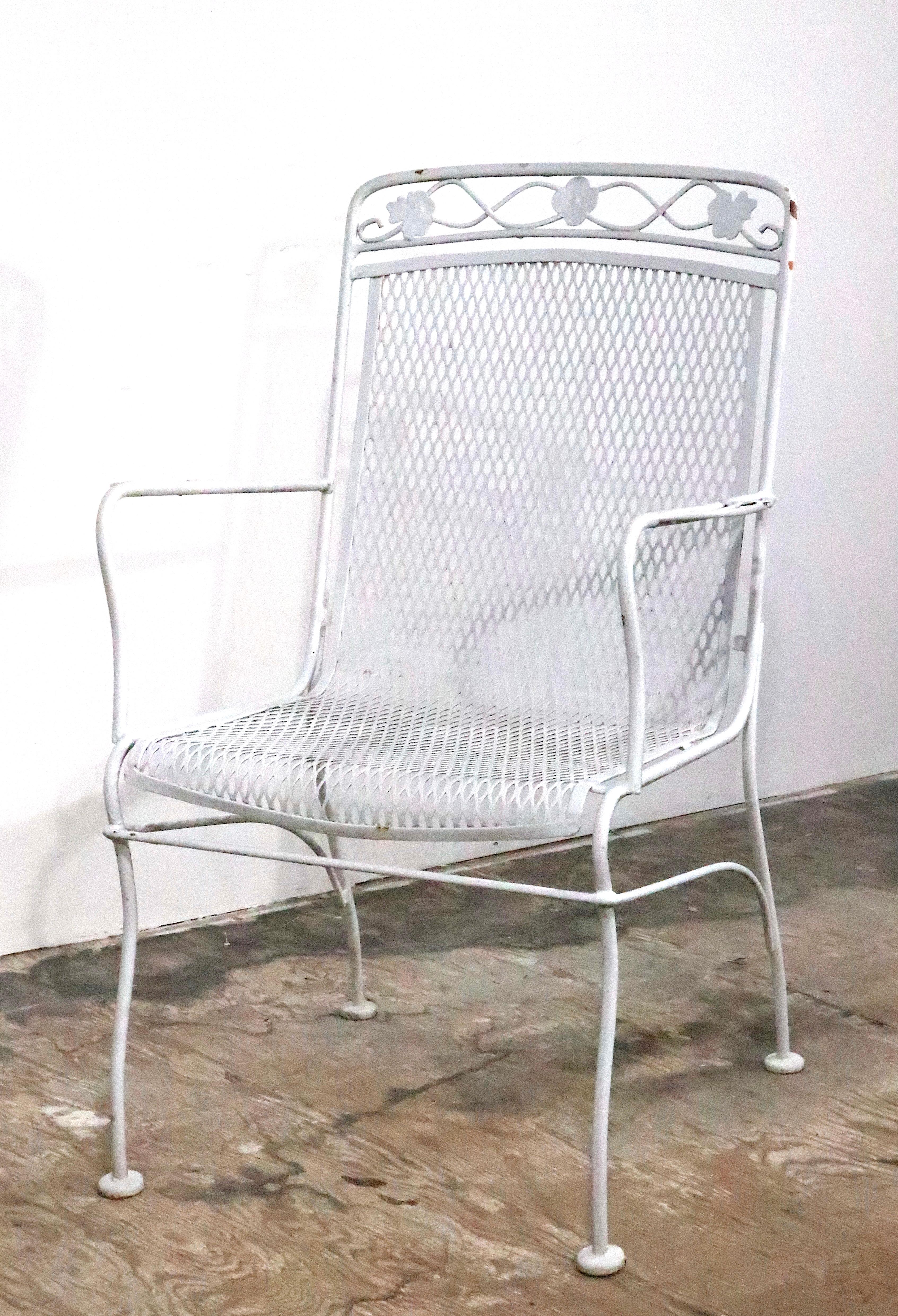 American Pr. Wrought Iron Metal Mesh Garden Patio Poolside Chairs by Woodard c. 1950/70's For Sale