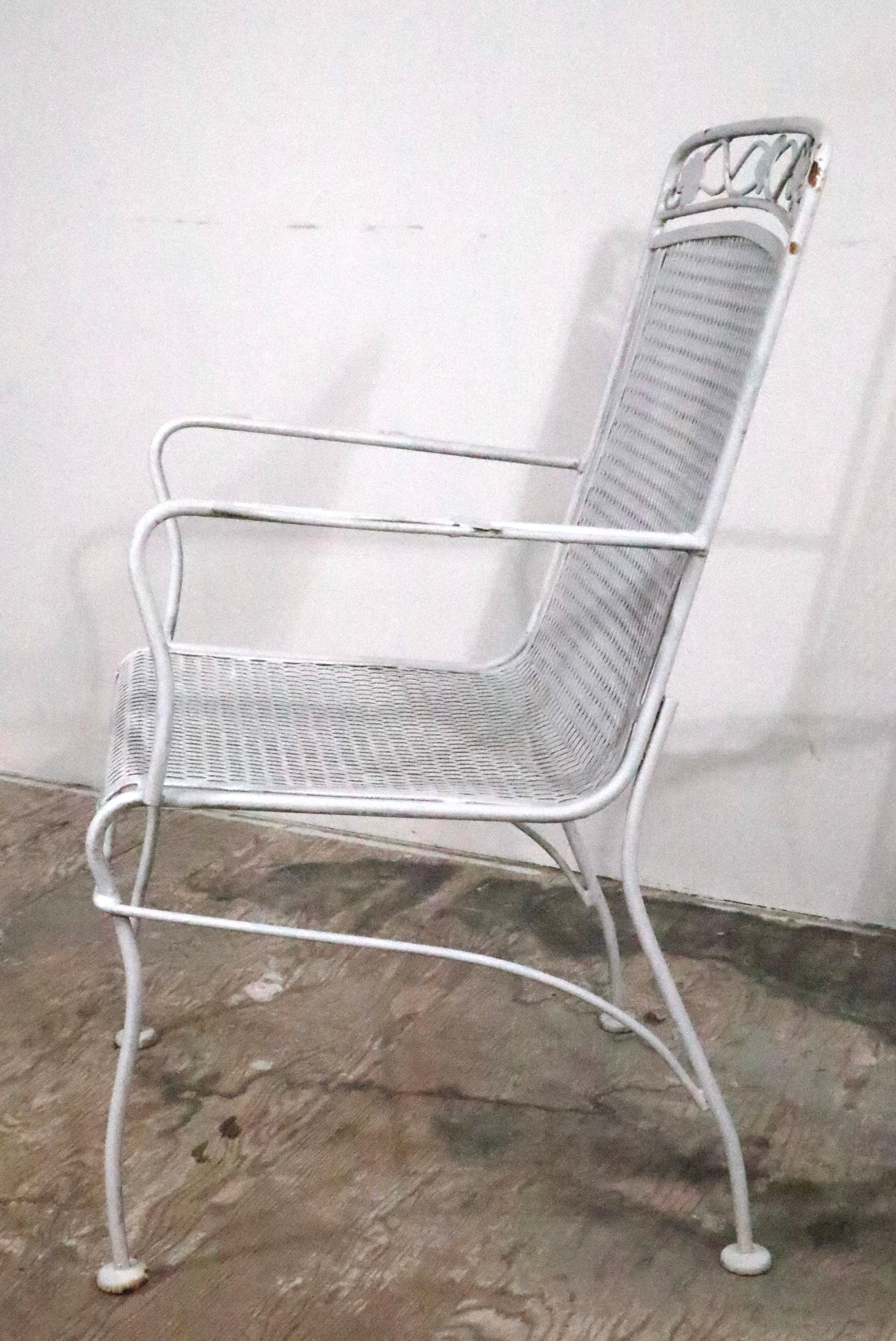 20th Century Pr. Wrought Iron Metal Mesh Garden Patio Poolside Chairs by Woodard c. 1950/70's For Sale