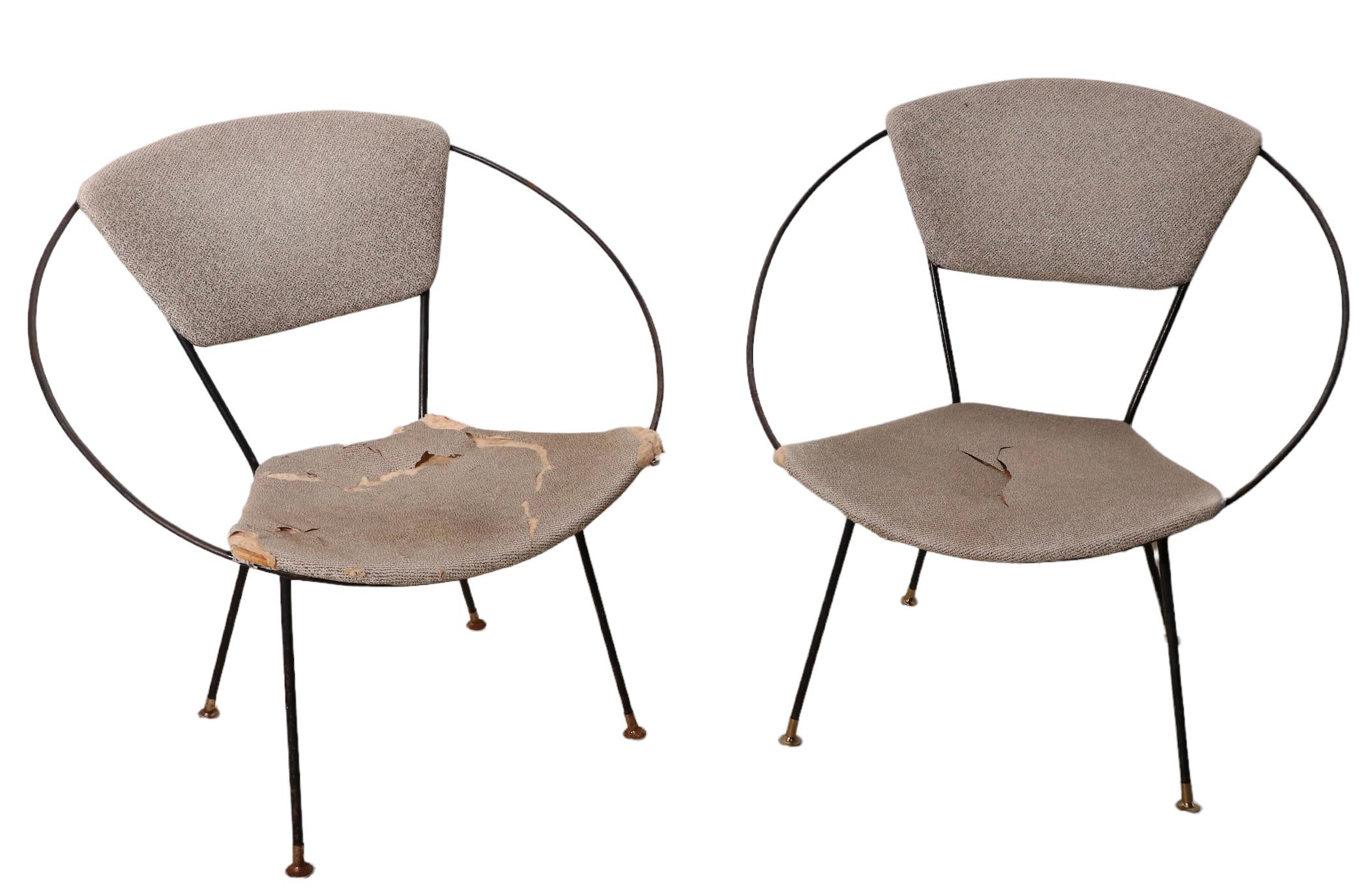 Upholstery Pr. Wrought Iron Mid Century Hoop Chairs by John Cicchelli for Riley Wolff 1950s For Sale