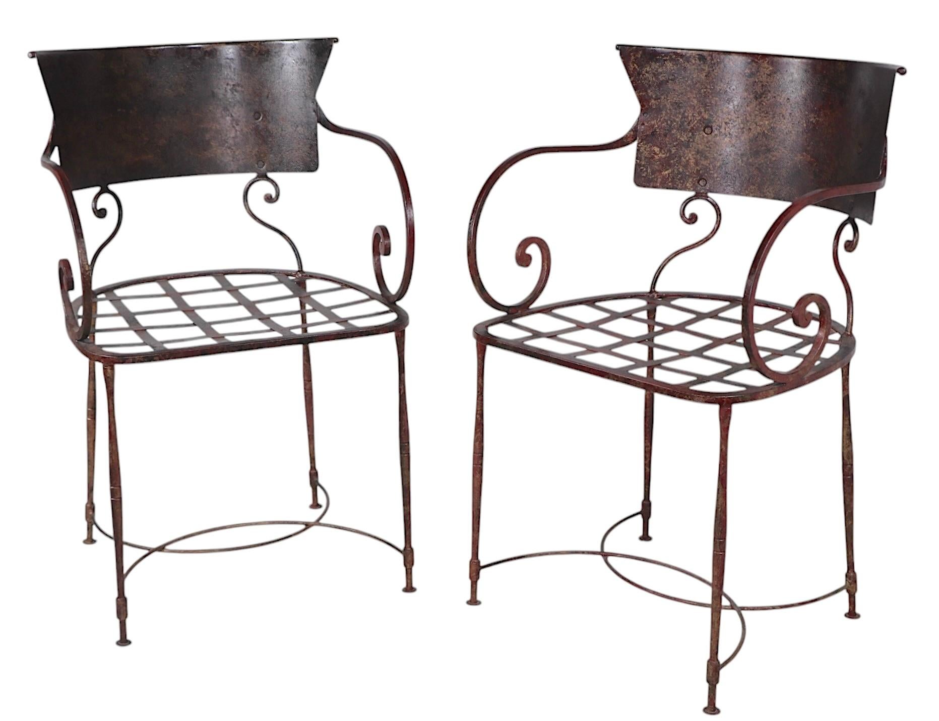Pr. Wrought Iron Patio Garden Classical Style Dining Arm Chairs by Arhaus In Good Condition In New York, NY