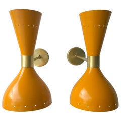 Pr Yellow Enameled & White Interior Brass W/ Brass Hardware Double Cone Sconces