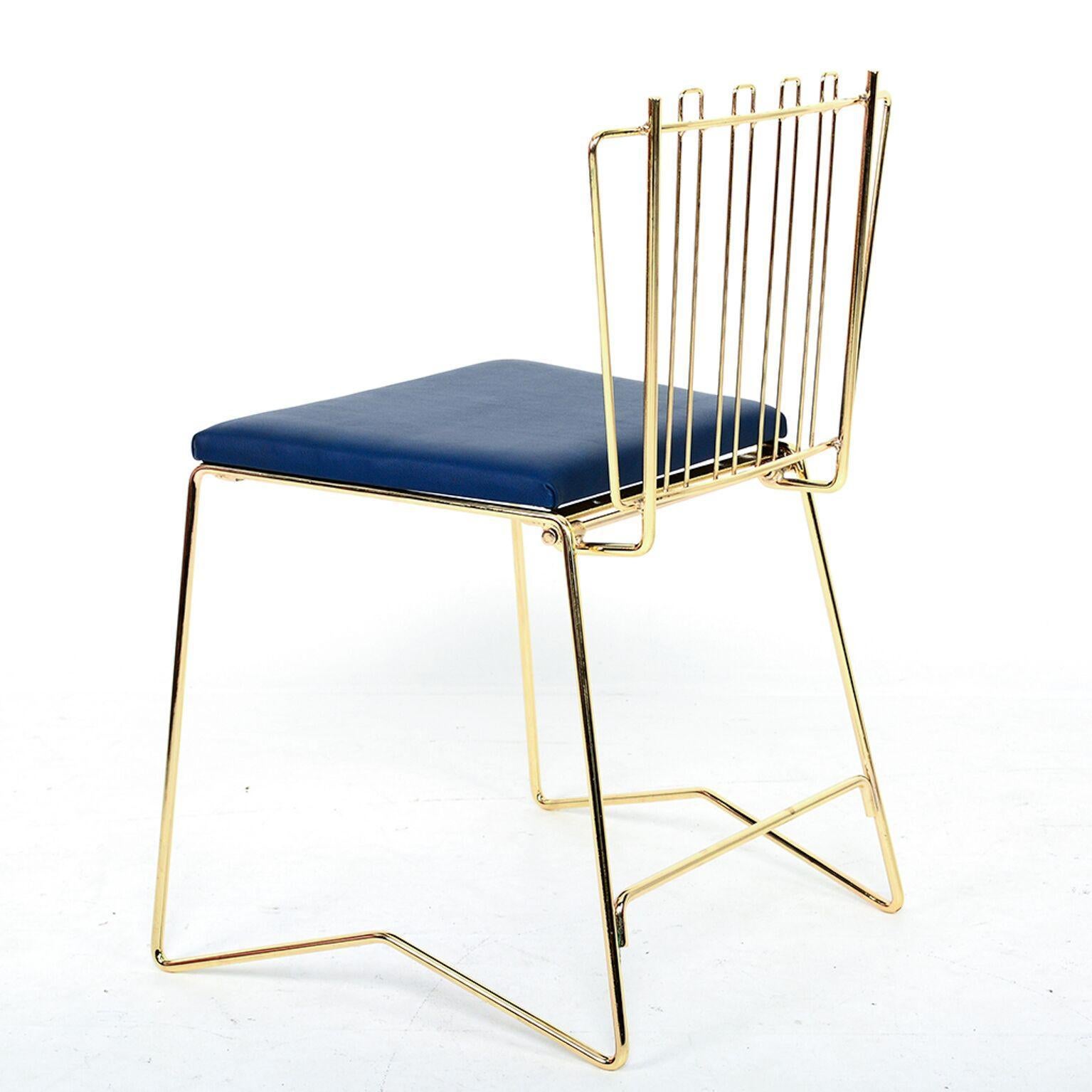 Mid-Century Modern PR03 Stacking Clever Folding Chair Brass and Faux Leather Royal Blue For Sale