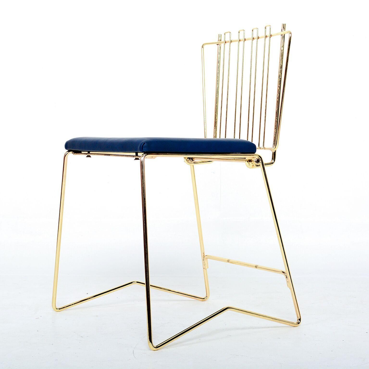 American PR03 Stacking Clever Folding Chair Brass and Faux Leather Royal Blue For Sale