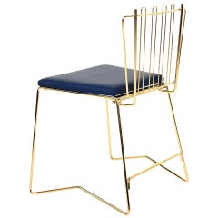 PR03 Stacking Fancy Folding Chair Brass Finish Faux Leather in Blue