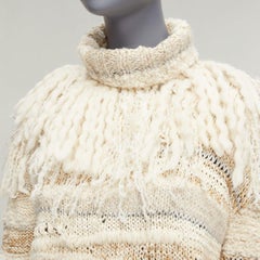 PRABAL GURUNG Cremefarbener und goldener Pullover aus Wollseidenmischung mit ethischen Fransen und Häkeln XS
