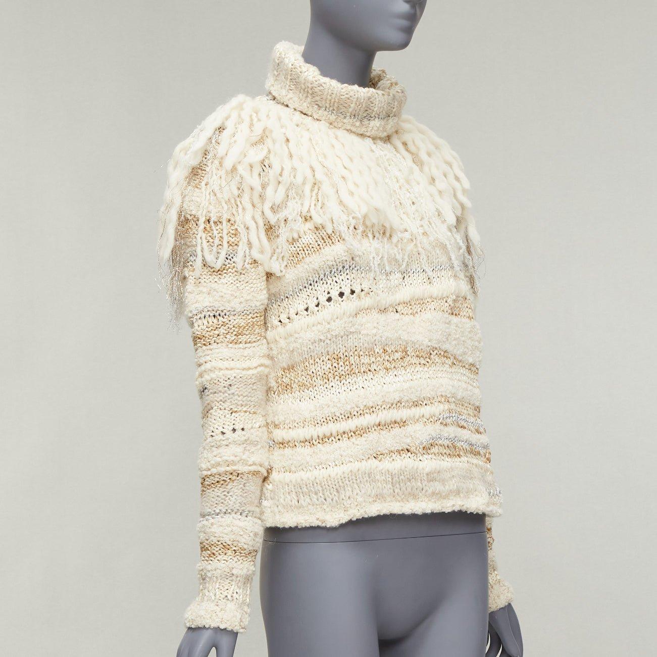 PRABAL GURUNG cream gold wool silk blend ethnic fringe crochet sweater XS
Reference: AAWC/A00654
Brand: Prabal Gurung
Material: Wool, Silk, Blend
Color: Cream, Gold
Pattern: Solid
Closure: Slip On
Extra Details: Fringe and gold metallic lurex