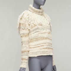 PRABAL GURUNG cream gold wool silk blend ethnic fringe crochet sweater XS