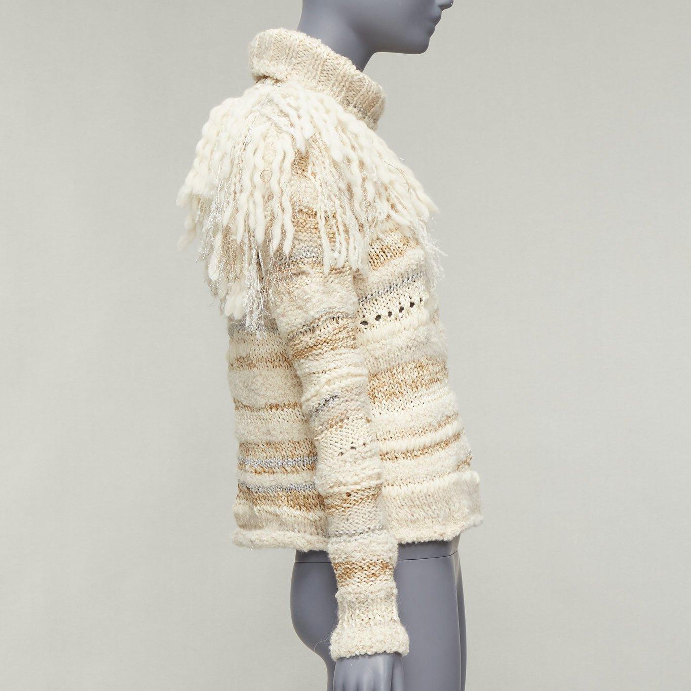 PRABAL GURUNG cream gold wool silk blend ethnic fringe crochet sweater XS In Excellent Condition For Sale In Hong Kong, NT