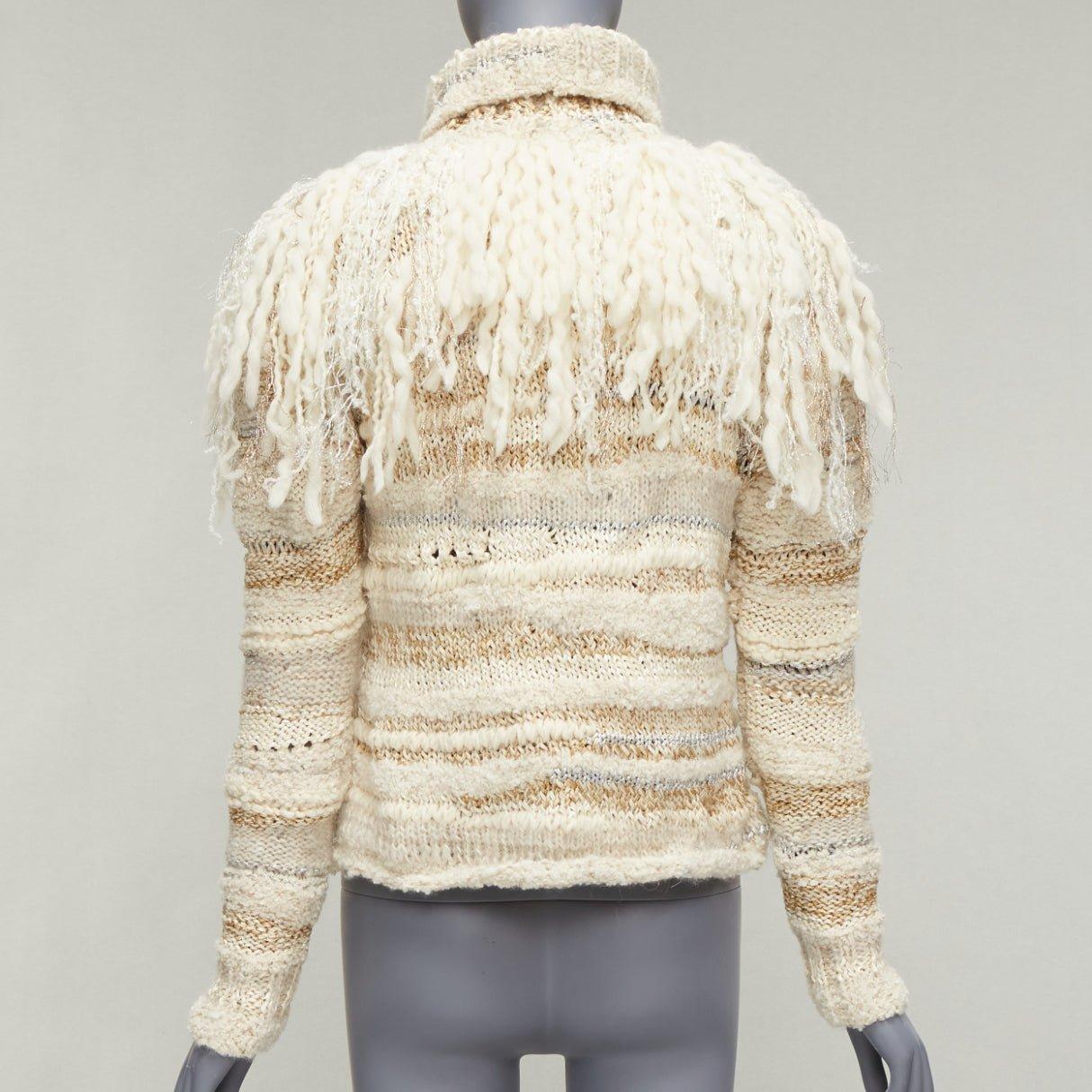 Women's PRABAL GURUNG cream gold wool silk blend ethnic fringe crochet sweater XS For Sale