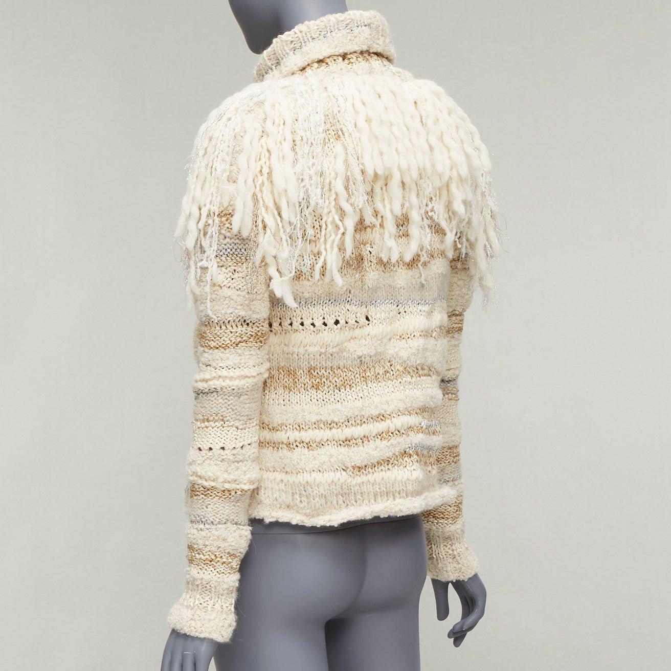 PRABAL GURUNG cream gold wool silk blend ethnic fringe crochet sweater XS For Sale 1