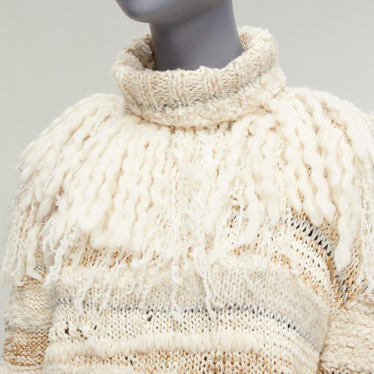 PRABAL GURUNG cream gold wool silk blend ethnic fringe crochet sweater XS For Sale 2