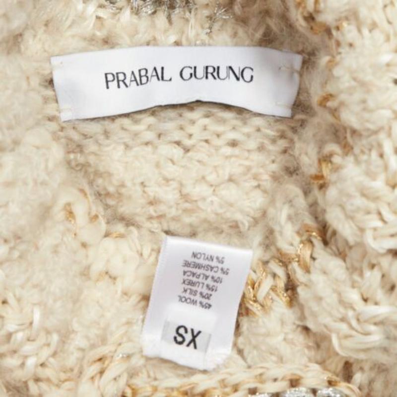 PRABAL GURUNG cream gold wool silk blend ethnic fringe crochet sweater XS For Sale 3