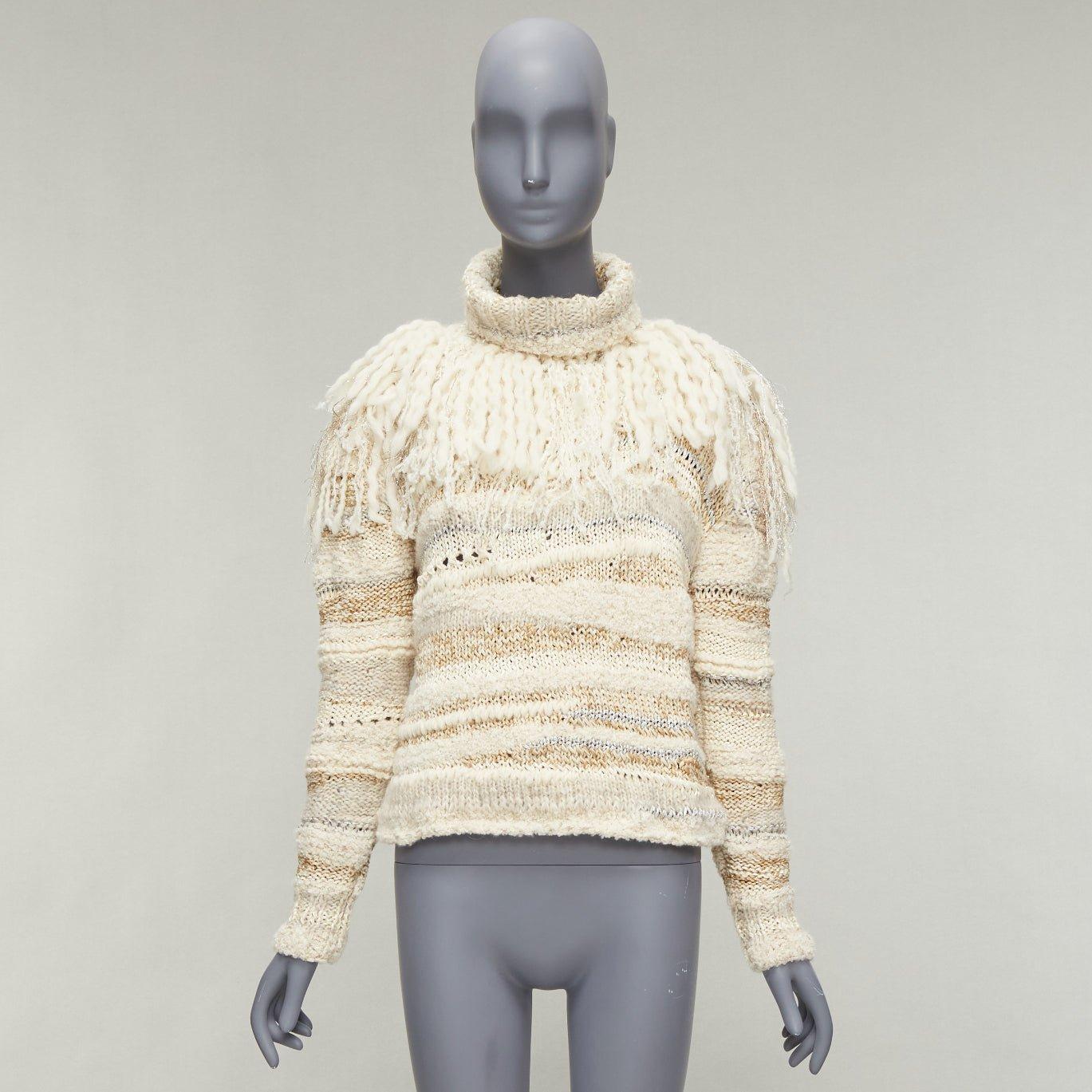 PRABAL GURUNG cream gold wool silk blend ethnic fringe crochet sweater XS For Sale 5