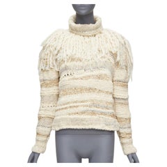 PRABAL GURUNG Cremefarbener und goldener Pullover aus Wollseidenmischung mit ethischen Fransen und Häkeln XS