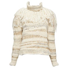 Prabal Gurung - maglione etnico con frange all'uncinetto in misto lana e seta color crema oro XS