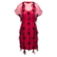 Prabal Gurung Fuchsia & Black Feather & Bead-Embellished Dress
