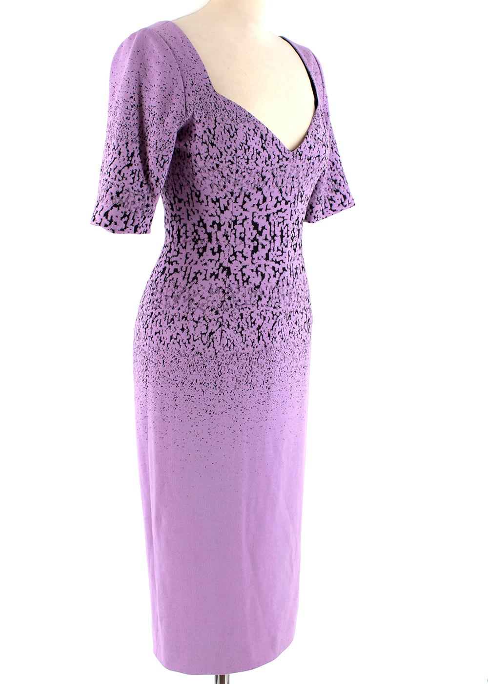 Prabal Gurung Lilac Speckled Fitted Midi Dress 

- Lilac speckled ombre design 
- Structured sweetheart neckline 
- V-shaped back 
- Midi sleeves and length
- Mid-weight stretchy material
- Back hem vent 
- Sculpting fitted style 
- Black silk blend
