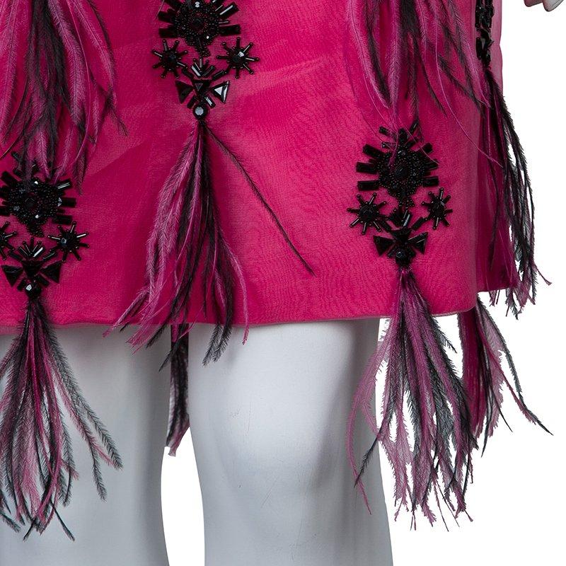 Women's Prabal Gurung Pink Embellished Feather Detail Silk Dress M