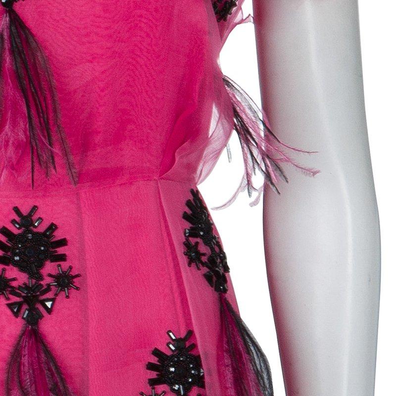 Prabal Gurung Pink Embellished Feather Detail Silk Dress M 1