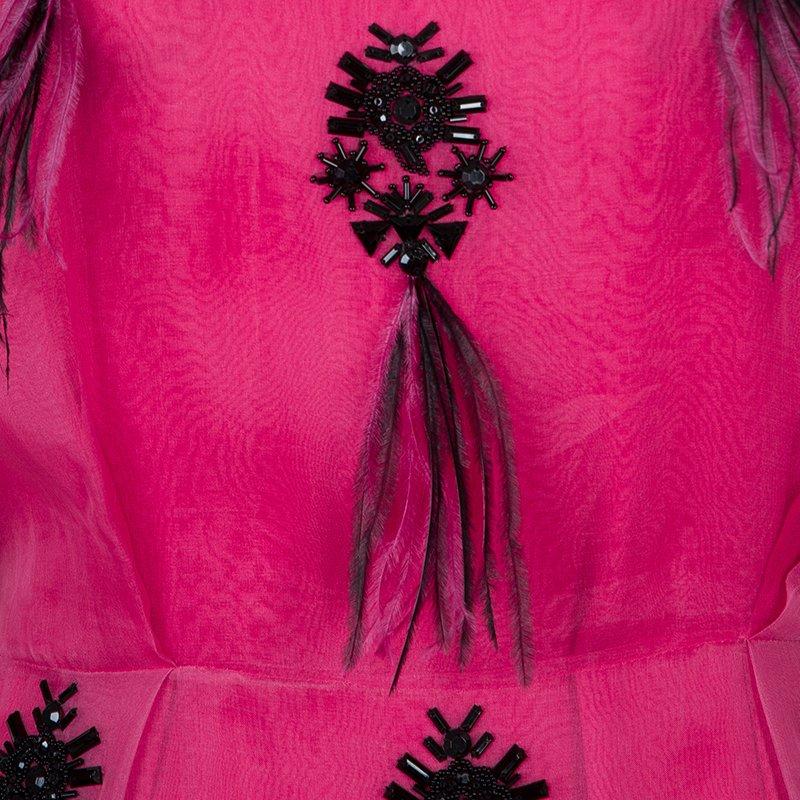 Prabal Gurung Pink Embellished Feather Detail Silk Dress M 2
