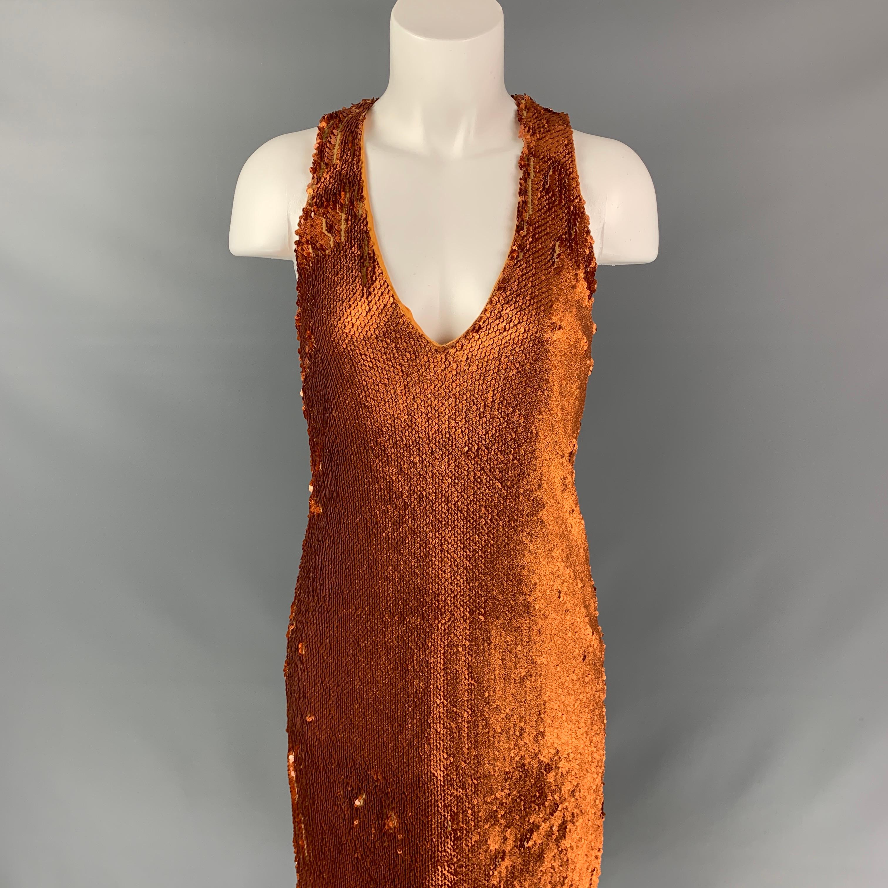 PRABAL GURUNG dress comes in a copper sequined polyester featuring a slip on style, side slit, sleeveless, and a v-neck. 

Very Good Pre-Owned Condition.
Marked: 0

Measurements:

Bust: 30 in.
Hip: 34 in.
Length: 44 in. 