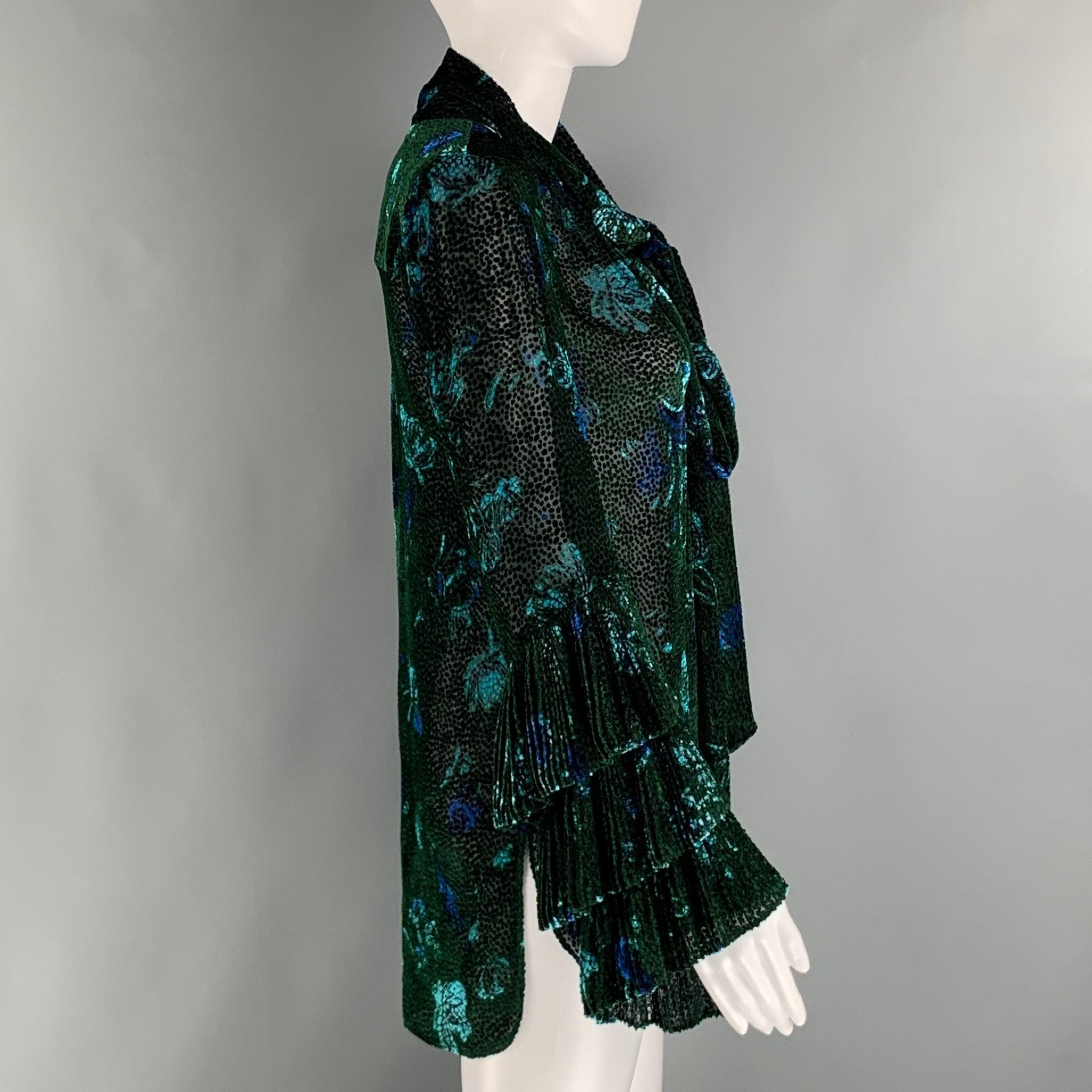 PRABAL GURUNG Size 0 Green Black Viscose Silk Abstract floral V-Neck Dress Top In Excellent Condition For Sale In San Francisco, CA