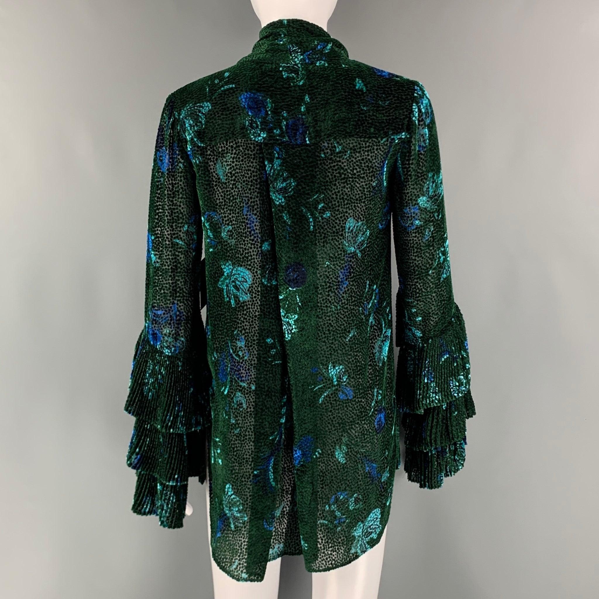 Women's PRABAL GURUNG Size 0 Green Black Viscose Silk Abstract floral V-Neck Dress Top For Sale