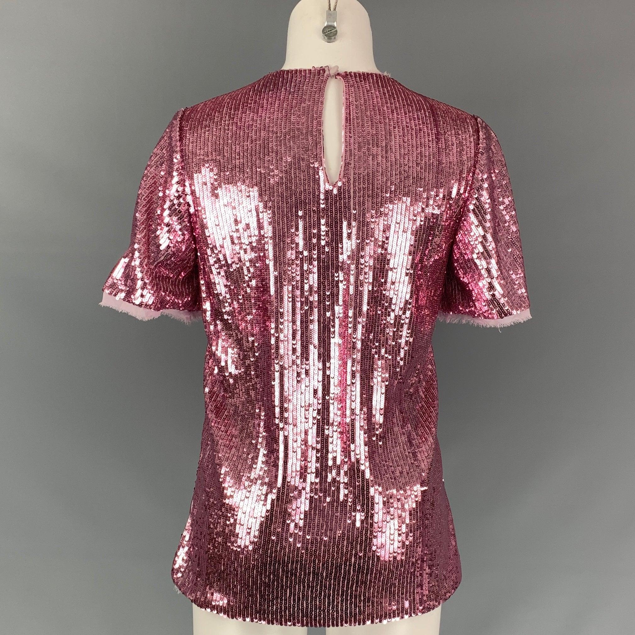 Brown PRABAL GURUNG Size 0 Pink Polyester Sequined Raw Edge Dress Top For Sale
