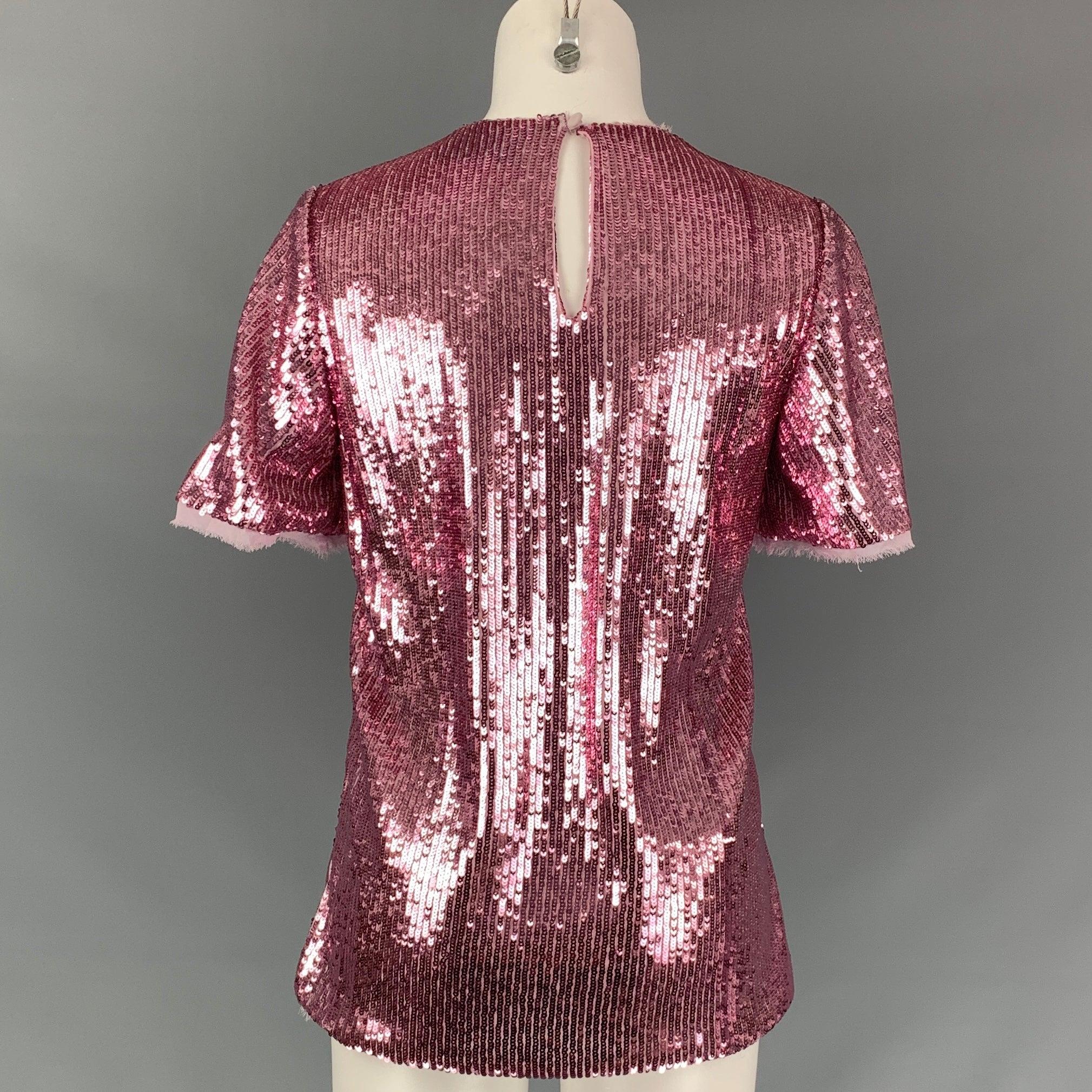 PRABAL GURUNG Size 0 Pink Polyester Sequined Short Sleeve Dress Top In Good Condition For Sale In San Francisco, CA