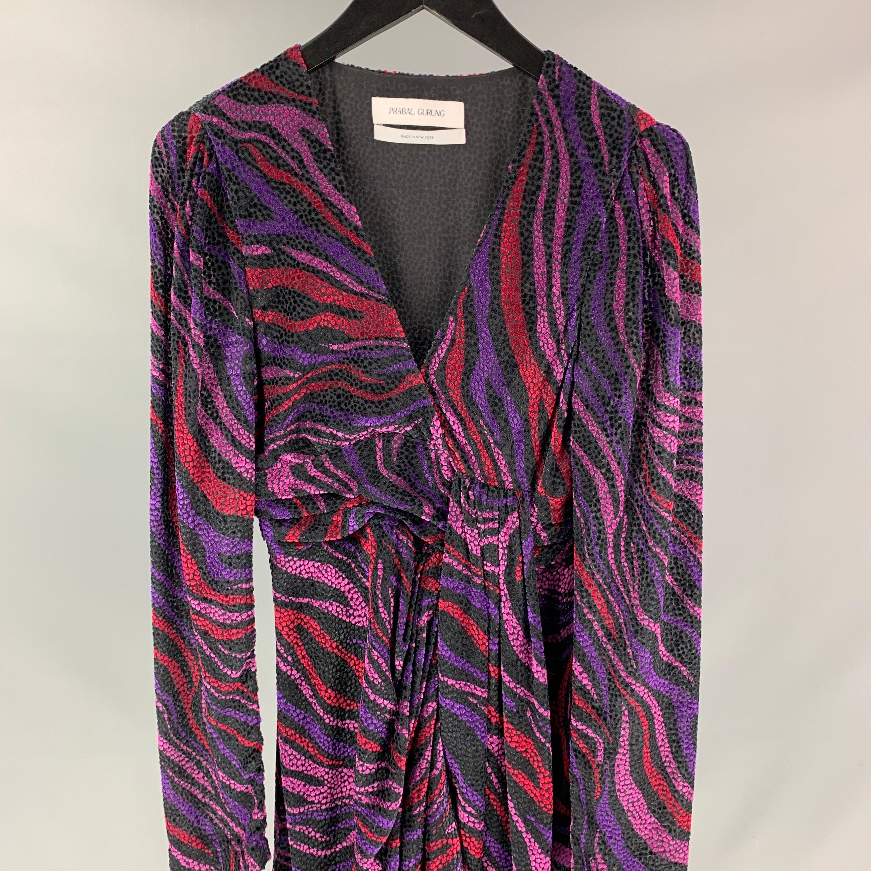 PRABAL GURUNG dress comes in a purple & black burnout viscose / silk featuring a v-neck, long strap detail, long sleeve, and a side zipper closure. Made in USA. Excellent
Pre-Owned Condition. 

Marked:   0 

Measurements: 
 
Shoulder: 14.5 inches 