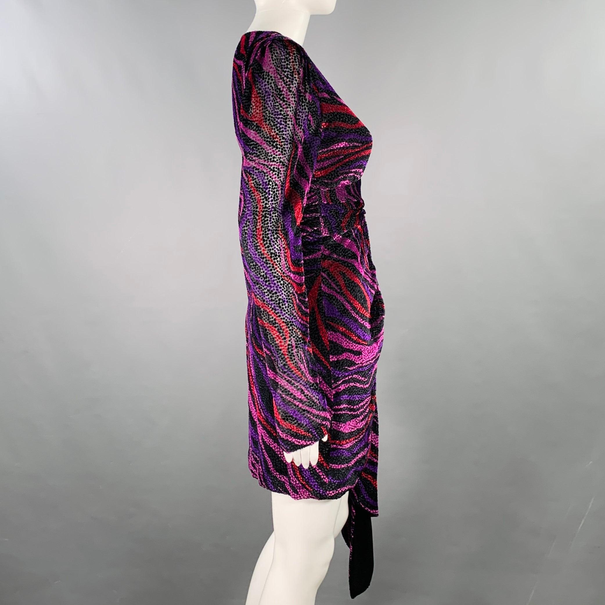 PRABAL GURUNG Talla 0 Morado Negro Viscosa Seda Burnout Vestido Manga Larga en Bueno estado para la venta en San Francisco, CA