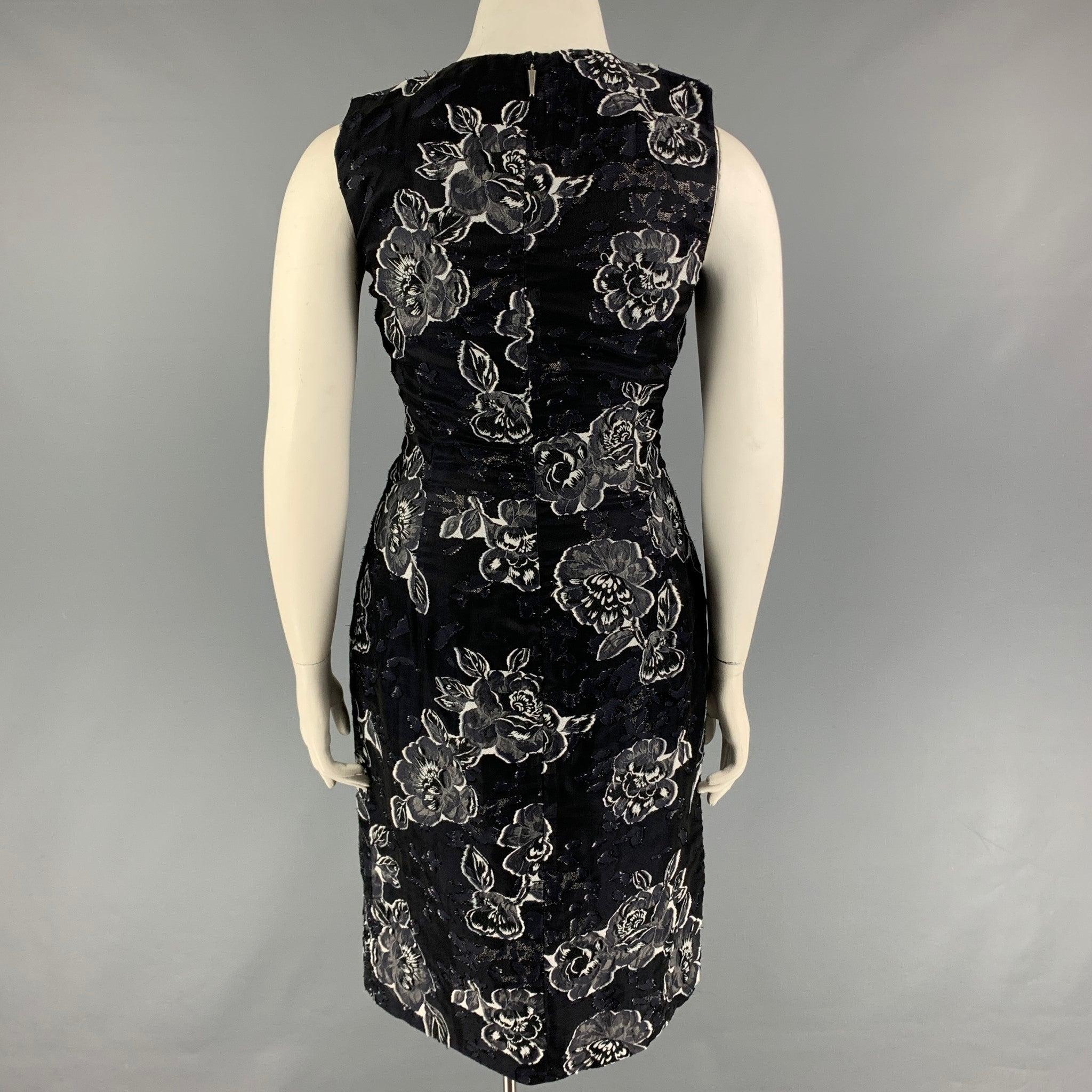 PRABAL GURUNG Size 10 Black Navy Silk Polyester Floral Sleeveless Dress In Good Condition For Sale In San Francisco, CA