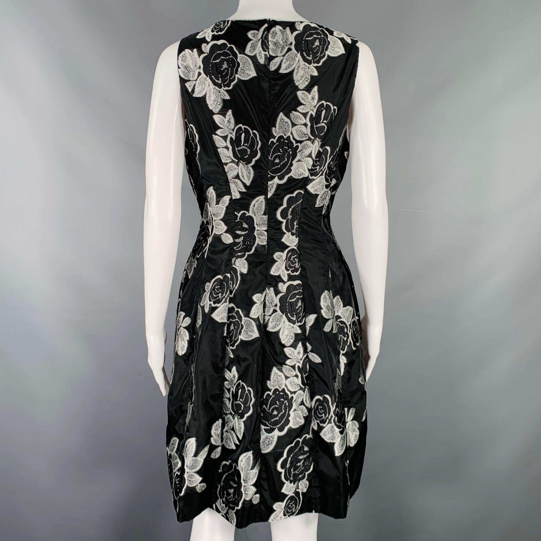 PRABAL GURUNG Size 10 Black Silver Polyester Floral A-Line Cocktail Dress In Excellent Condition For Sale In San Francisco, CA