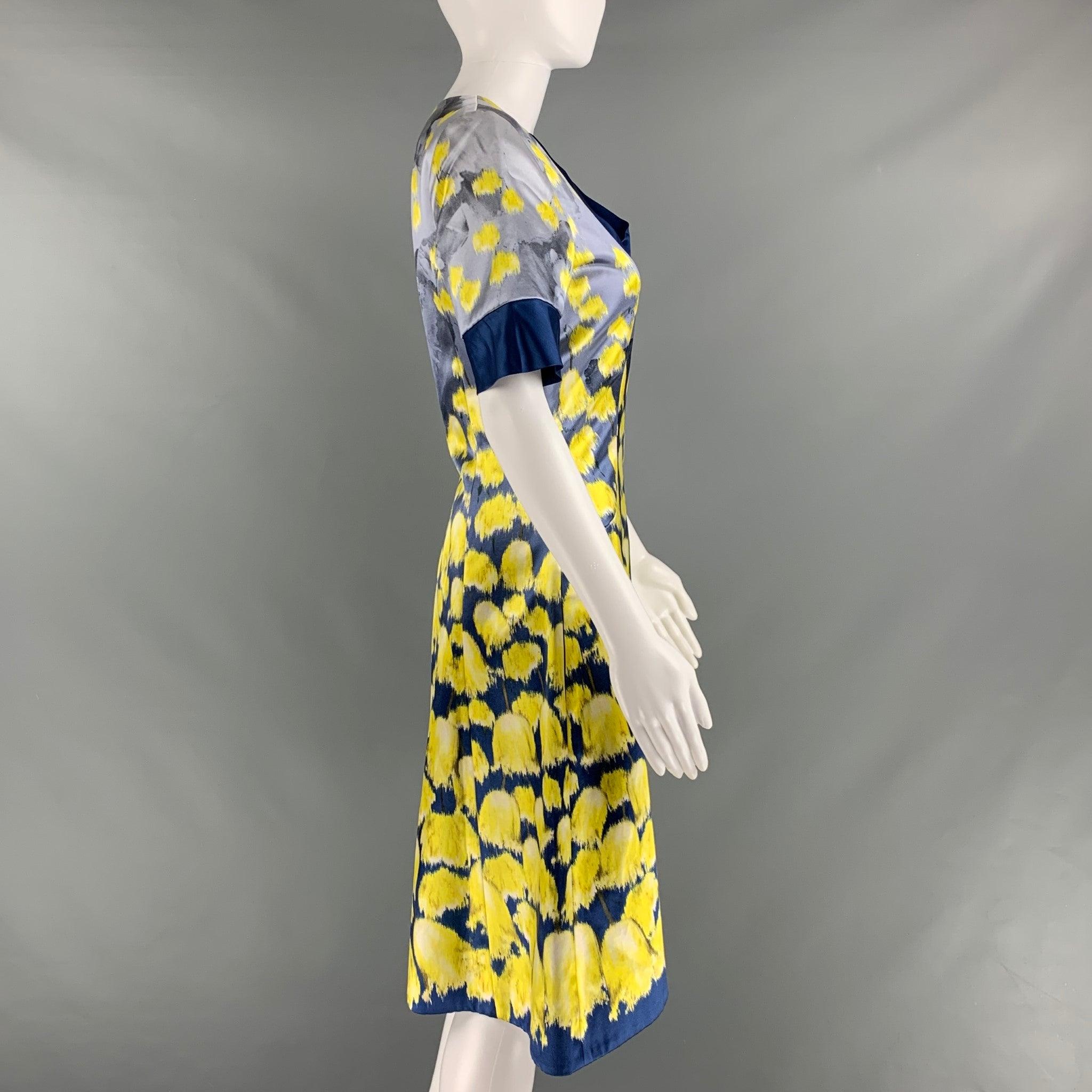 PRABAL GURUNG Size 10 Blue Yellow Cotton Silk Print A-Line Dress In Good Condition For Sale In San Francisco, CA
