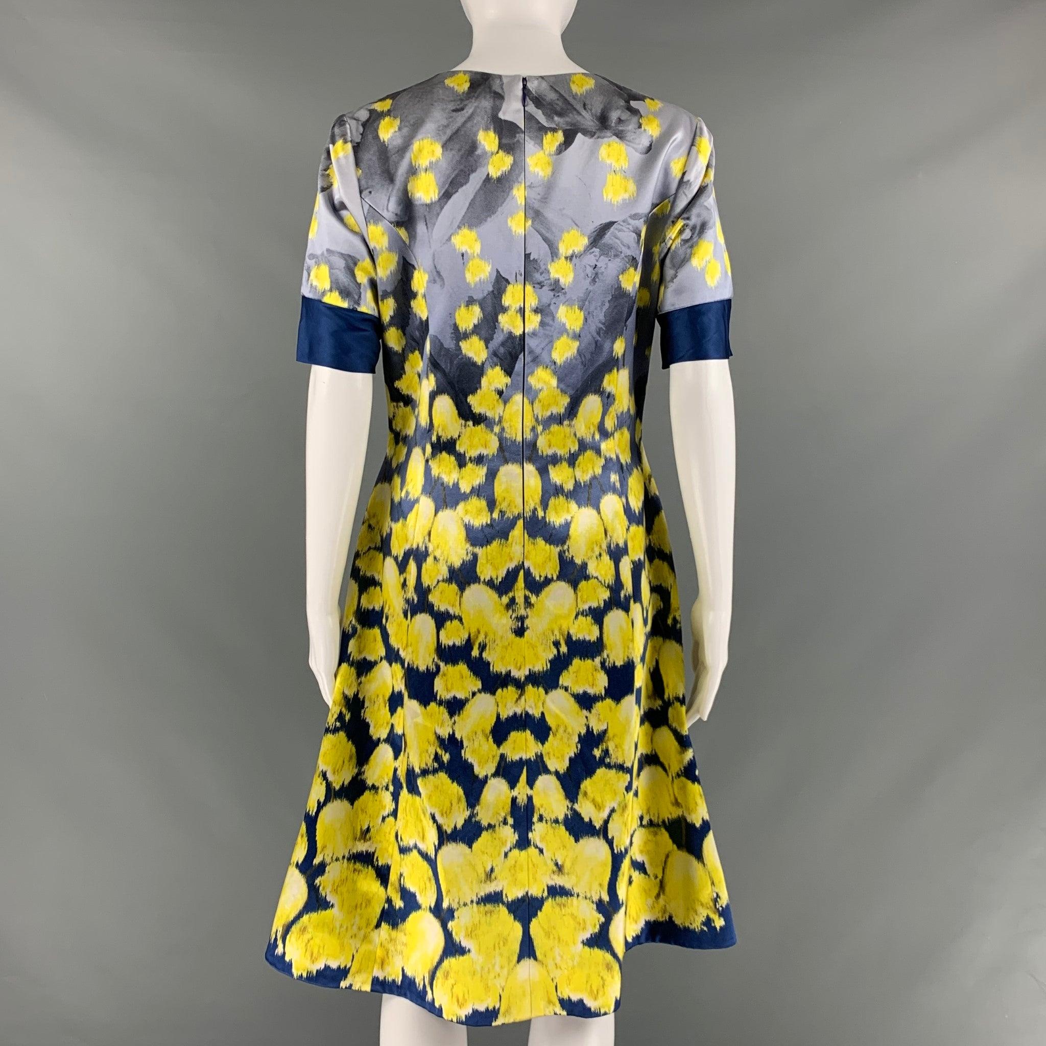 Women's PRABAL GURUNG Size 10 Blue Yellow Cotton Silk Print A-Line Dress For Sale