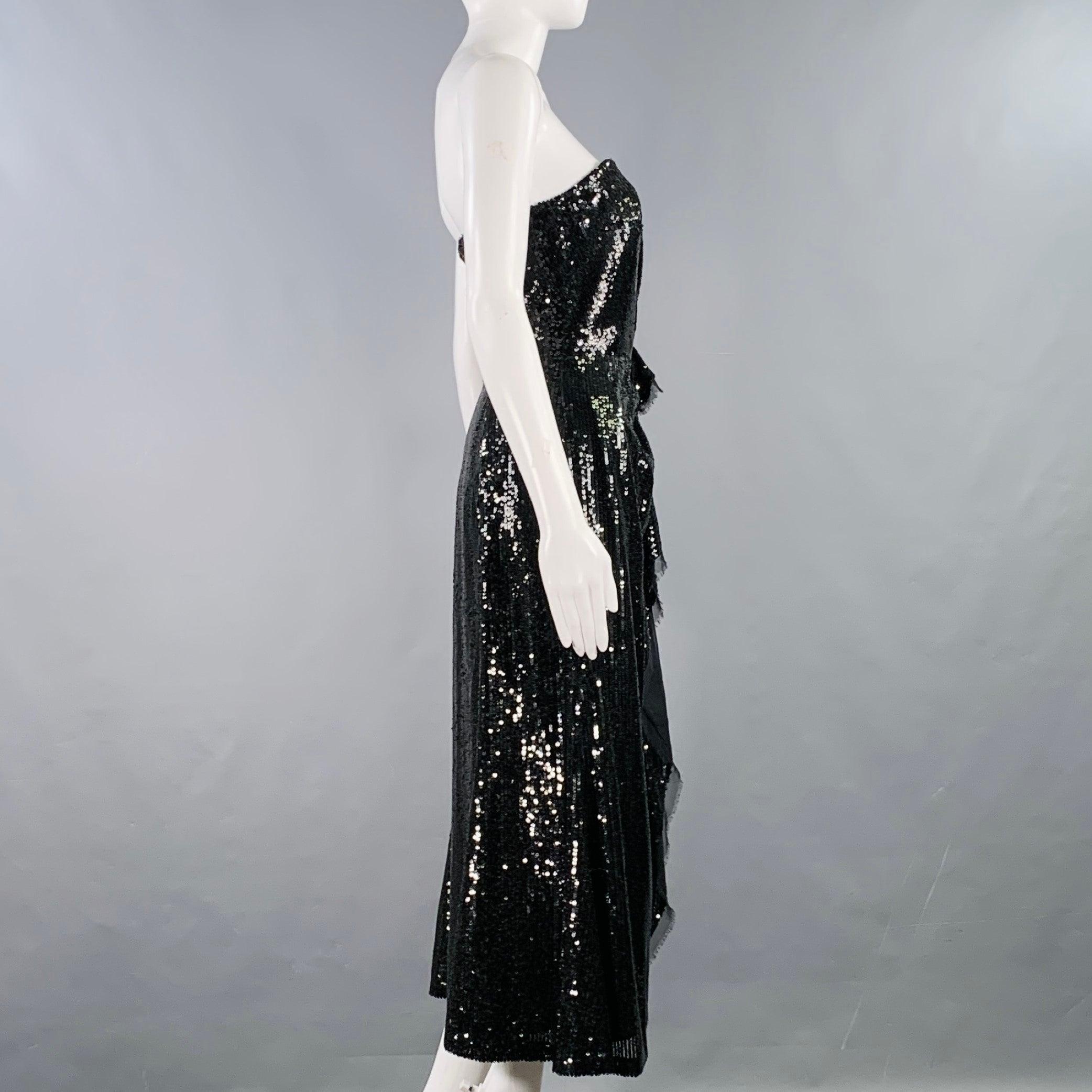 PRABAL GURUNG strapless dress in a black polyester sequined fabric featuring a draped detail at front. Made in USA.Excellent Pre-Owned Condition. 

Marked:   2 

Measurements: 
  Bust: 30 inches Waist: 26 inches Hip: 37 inches Length: 43 inches 


 