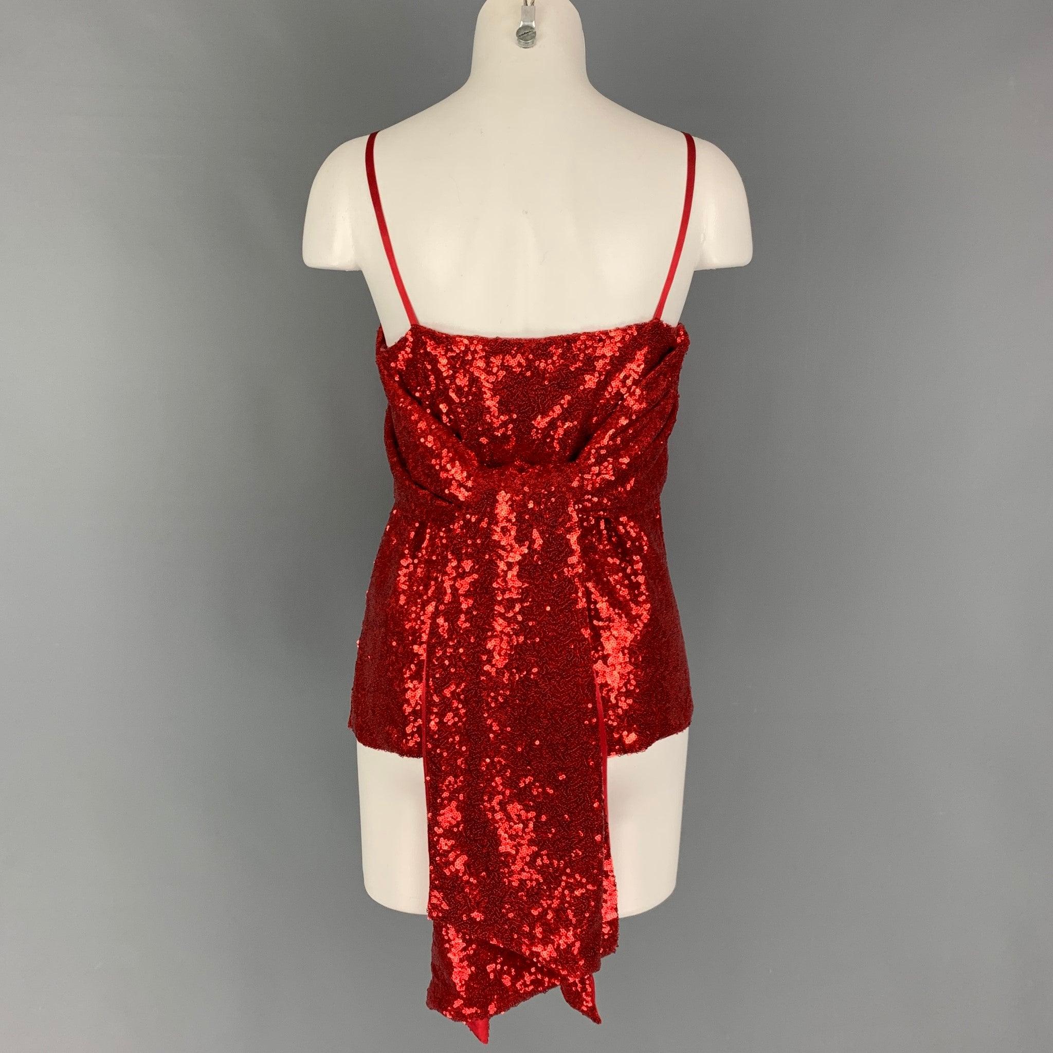 PRABAL GURUNG dress top comes in a red sequined polyester featuring a long draped strap design, side slits, and spaghetti straps. Made in USA. New With Tags.
 

Marked:   2 

Measurements: 
  Bust: 34 inches  Length: 15 inches 
  
  
 
Reference: