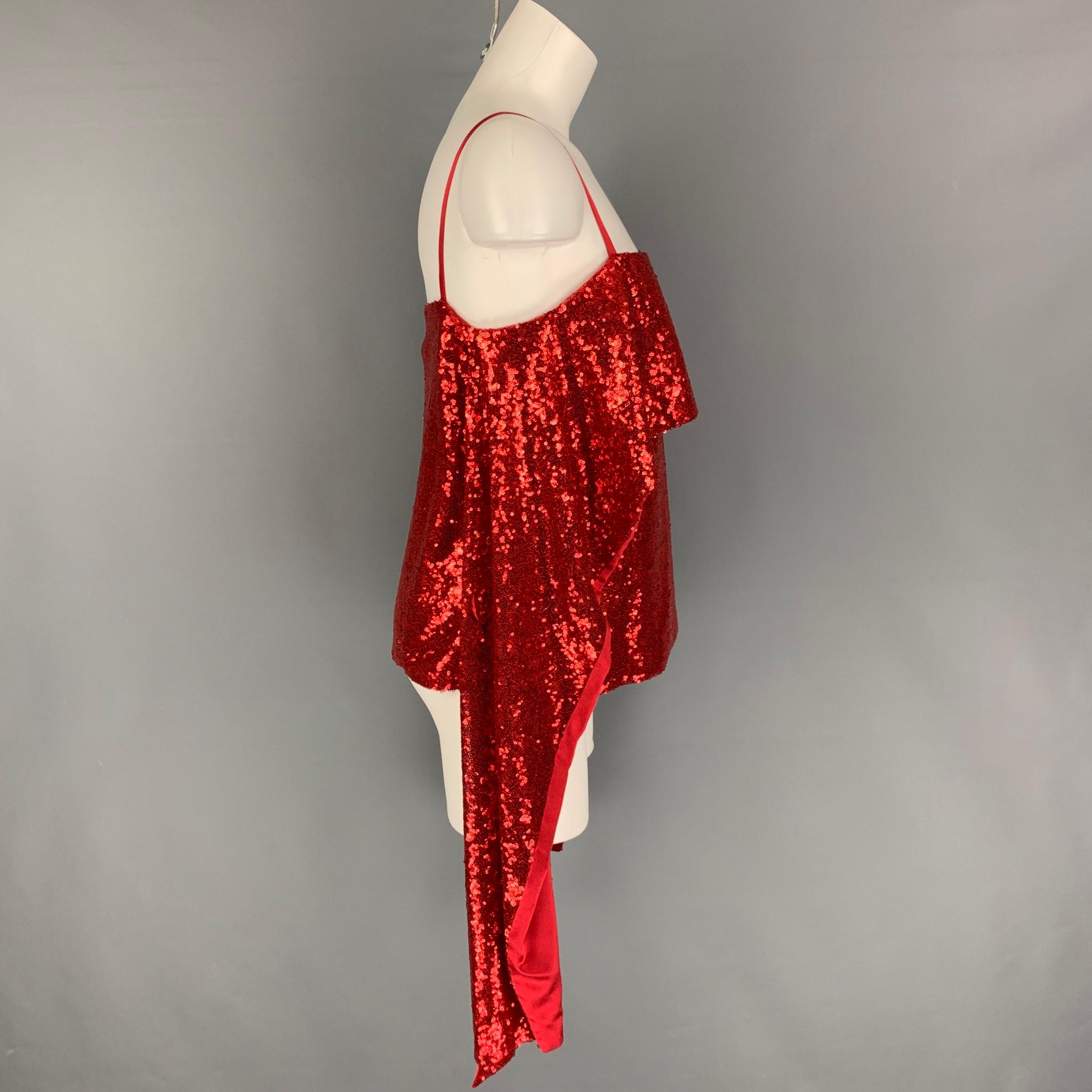 PRABAL GURUNG dress top comes in a red sequined polyester featuring a long draped strap design, side slits, and spaghetti straps. Made in USA.

New With Tags. 
Marked: 2

Measurements:

Bust: 34 in.
Length: 15 in. 