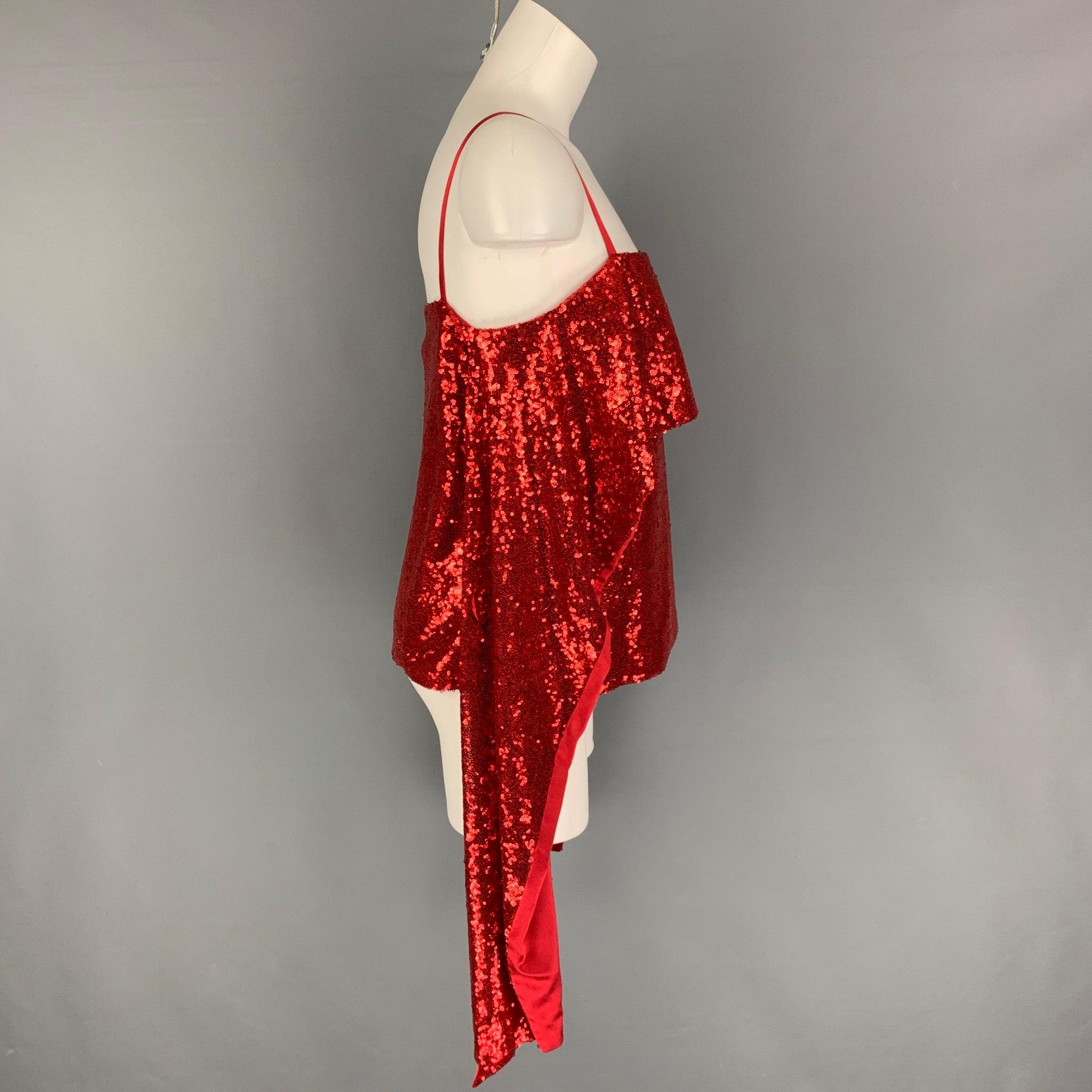 PRABAL GURUNG Size 2 Red Polyester Sequined Draped Dress Top In Good Condition For Sale In San Francisco, CA