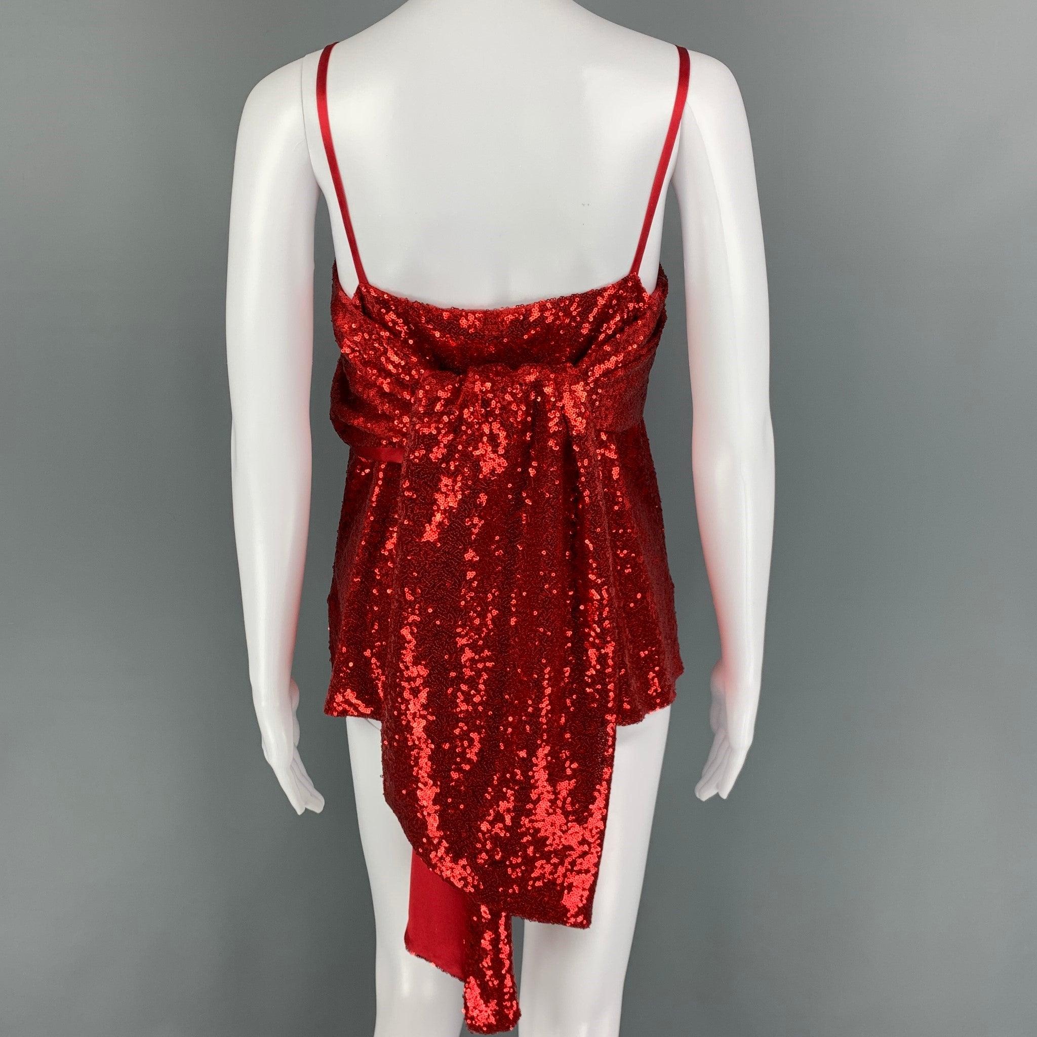 PRABAL GURUNG Tallas 2 Rojo Poliéster Lentejuelas Tirantes Espagueti Vestido Top en Excelente estado para la venta en San Francisco, CA