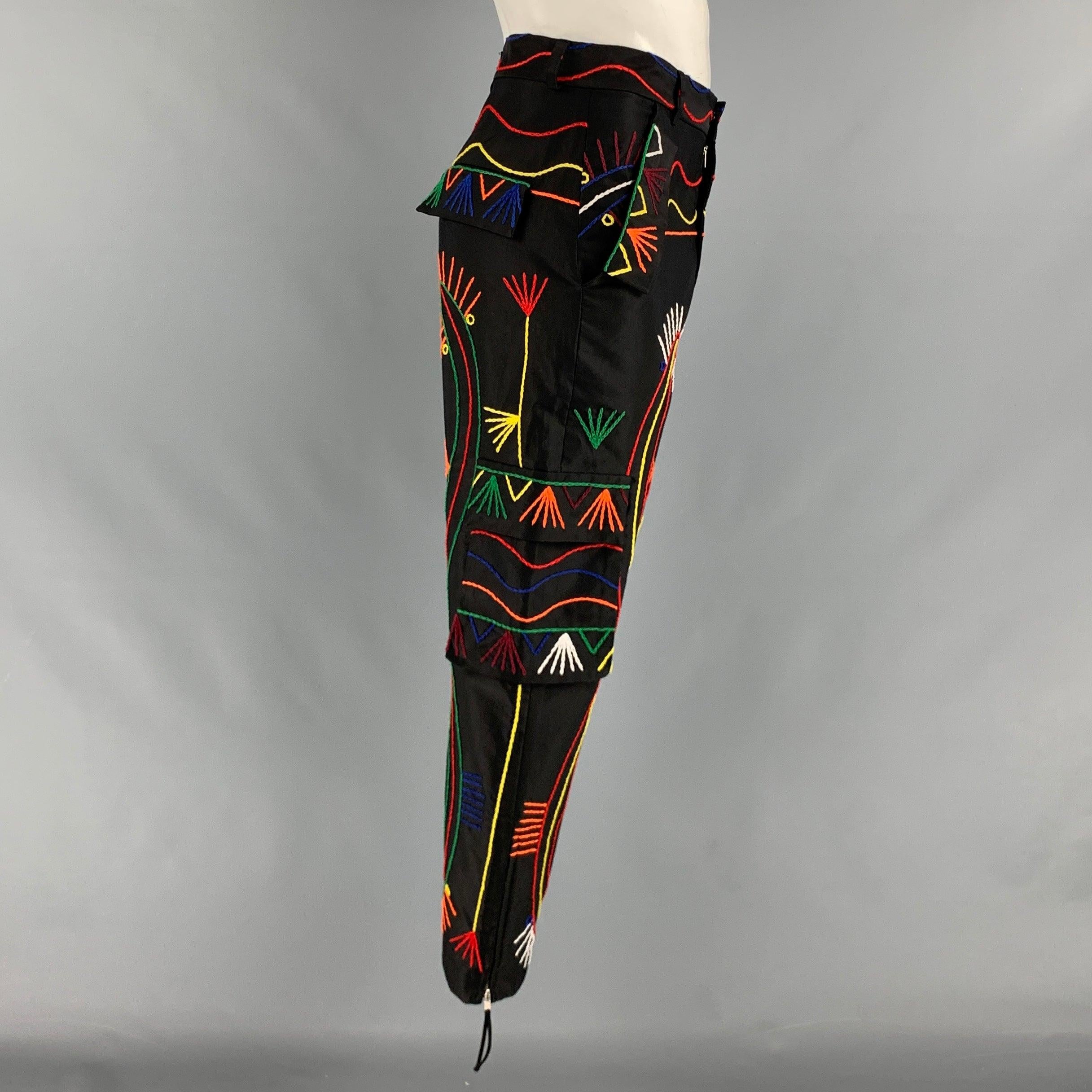 PRABAL GURUNG Size 34 Black Multi-Color Embroidery Cropped Casual Pants In Excellent Condition For Sale In San Francisco, CA