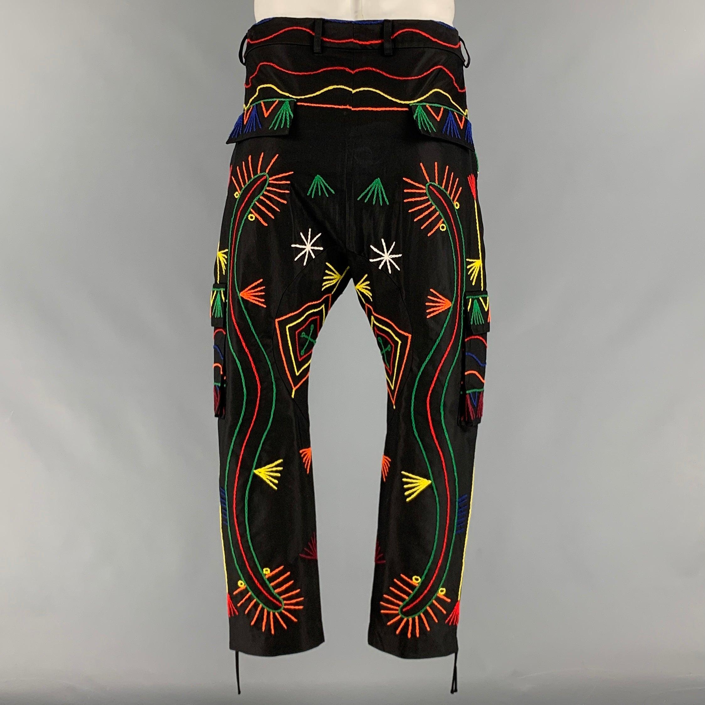 Men's PRABAL GURUNG Size 34 Black Multi-Color Embroidery Cropped Casual Pants For Sale