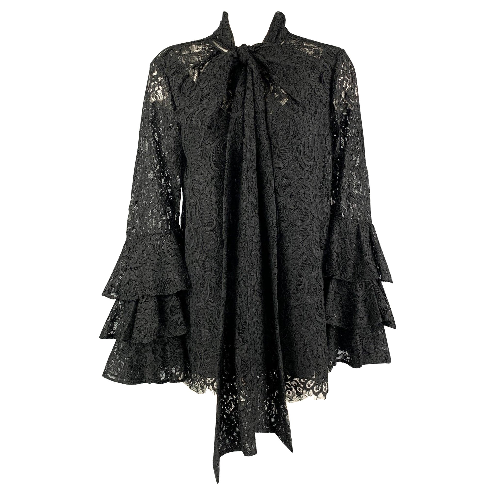 PRABAL GURUNG Chemisier à nœud en dentelle de nylon et coton noir, taille 4