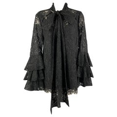 PRABAL GURUNG Blusa con Lazo de Encaje Negro de Nylon y Algodón Talla 4