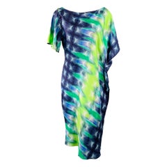 PRABAL GURUNG Size 6 Blue Green Silk Tie Dye Asymmetrical Batwing Midi Dress