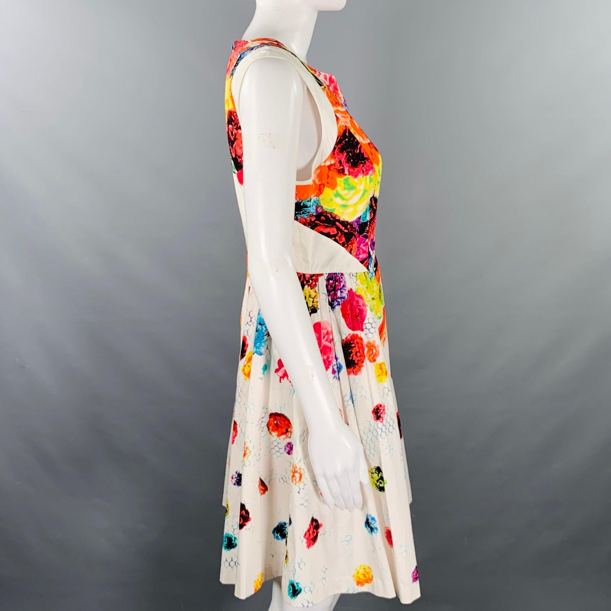 PRABAL GURUNG Size 8 White Multi Color Cotton Blend Floral Sleeveless Dress In Excellent Condition For Sale In San Francisco, CA