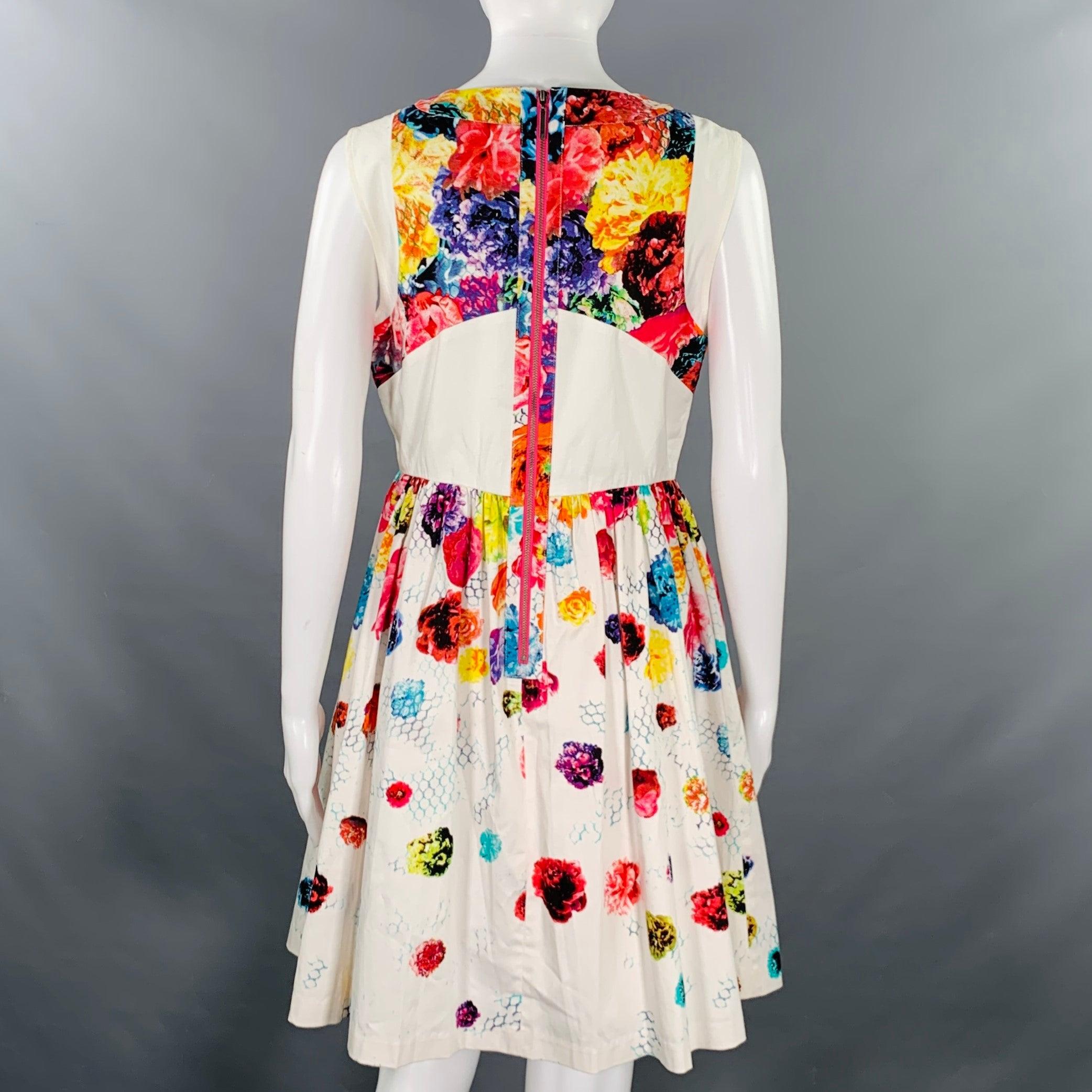 Women's PRABAL GURUNG Size 8 White Multi Color Cotton Blend Floral Sleeveless Dress For Sale