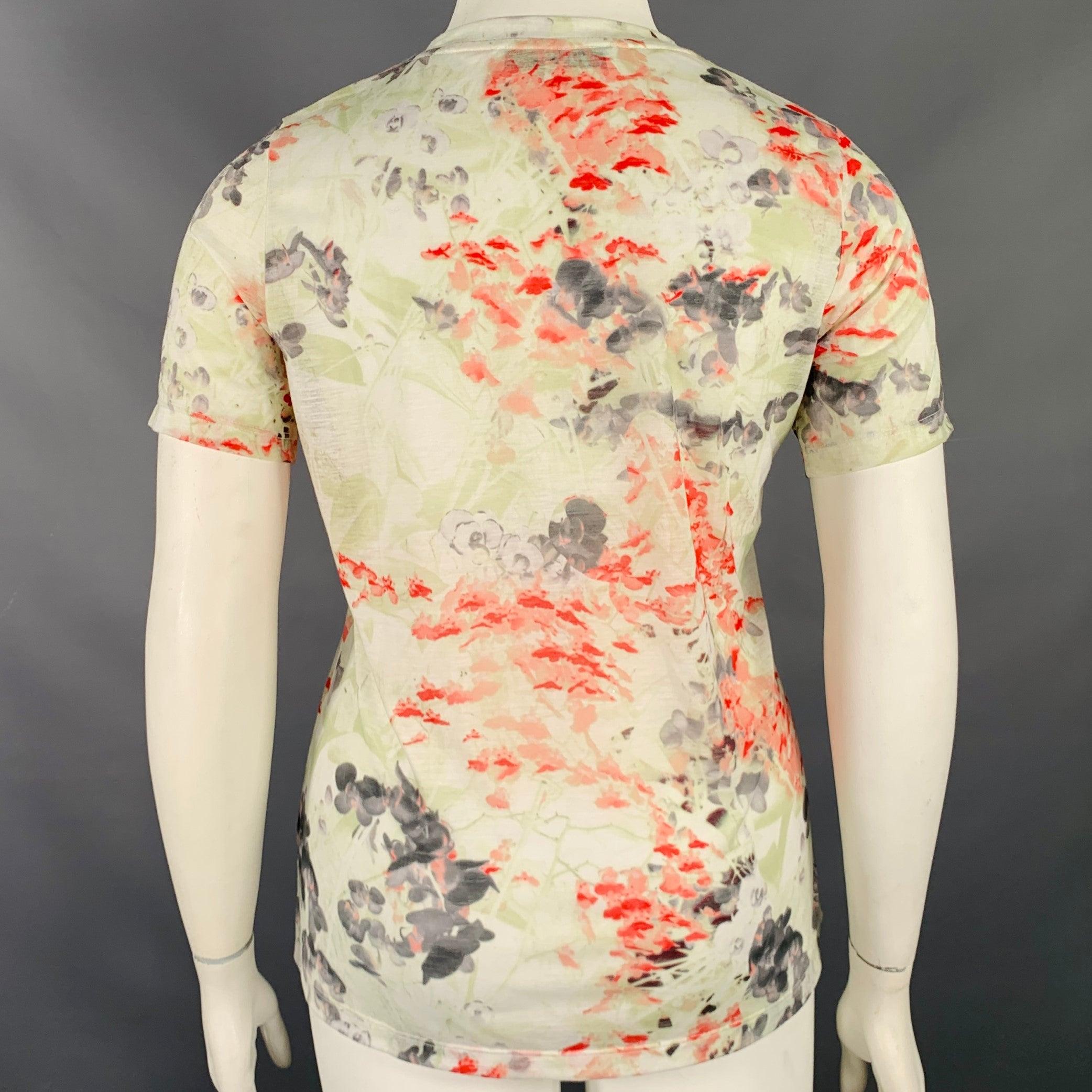 PRABAL GURUNG Size L Multi Color Pink Polyester Floral T-Shirt In Excellent Condition For Sale In San Francisco, CA