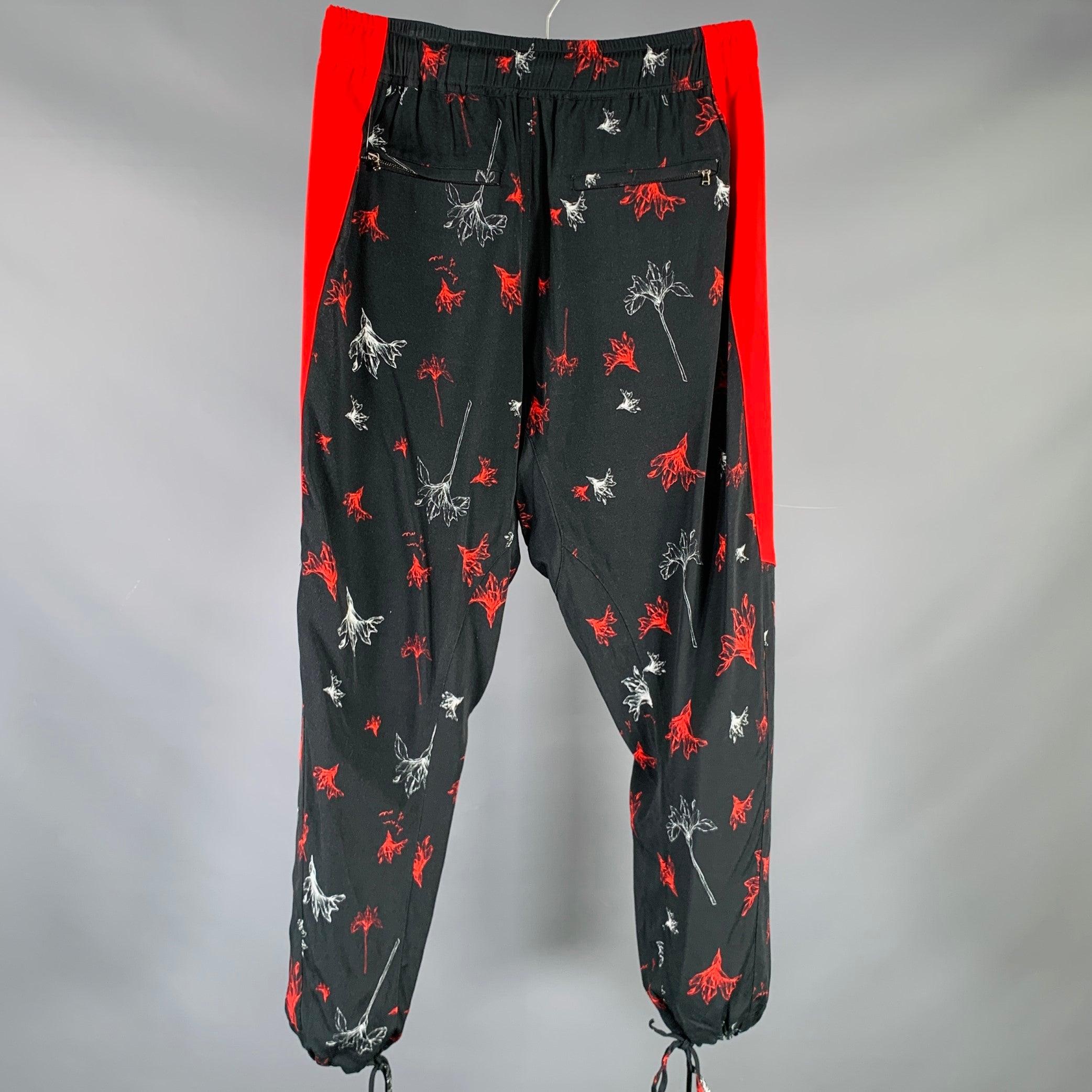 PRABAL GURUNG Size S Black Red Floral Lounge Casual Pants In Excellent Condition For Sale In San Francisco, CA