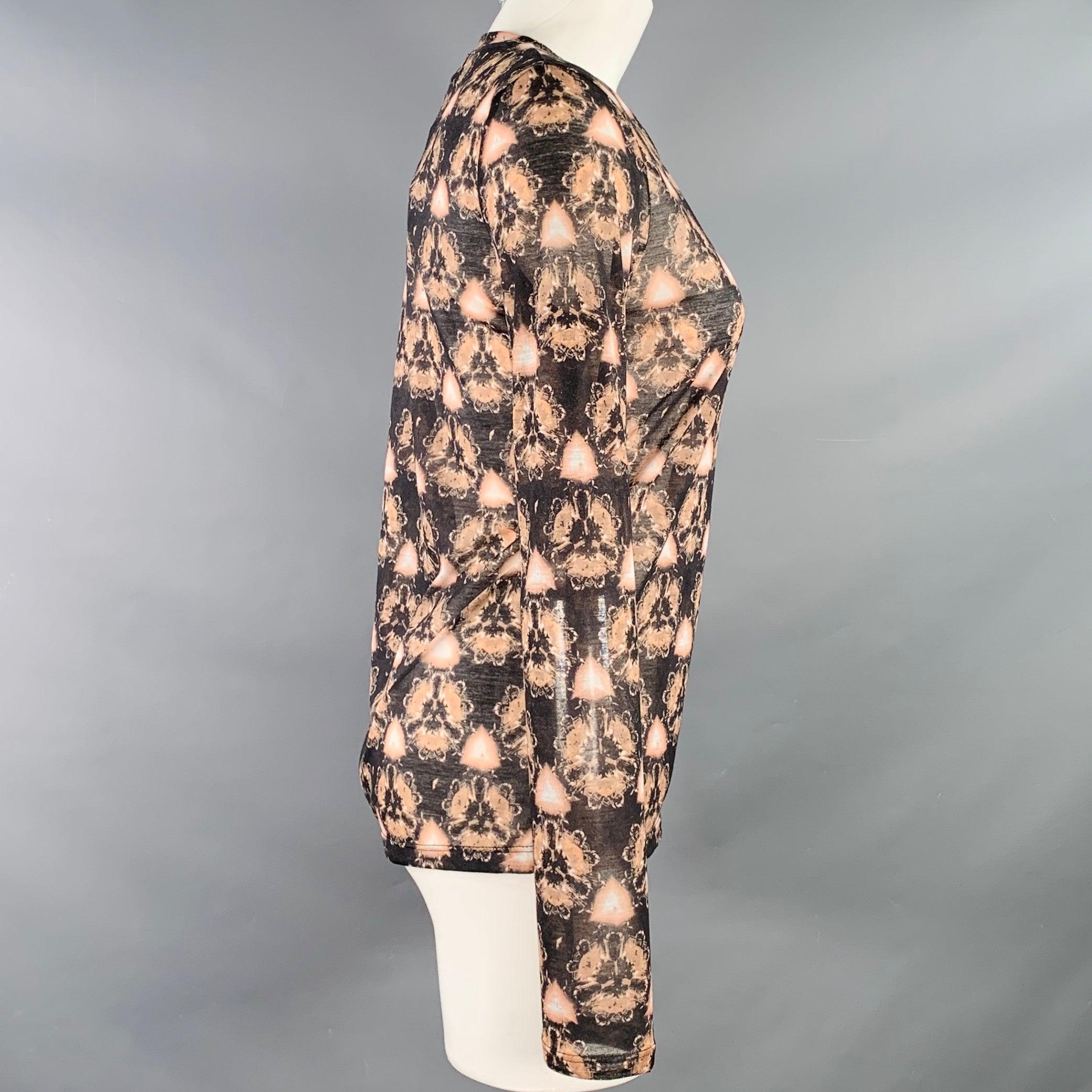 PRABAL GURUNG Size S Brown Grey Polyester Abstract Floral Long Sleeve Casual Top In Excellent Condition For Sale In San Francisco, CA